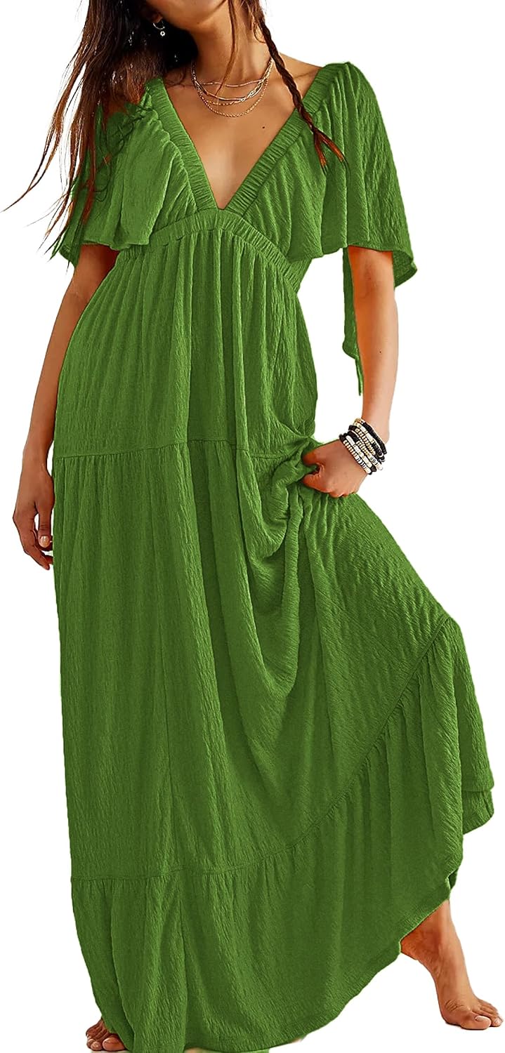 Kikibell Women Summer Dresses Sexy V-Neck Maxi Dress Tiered Silhouette with Flutter Sleeve Backless Elastic Waist Flowy Dress