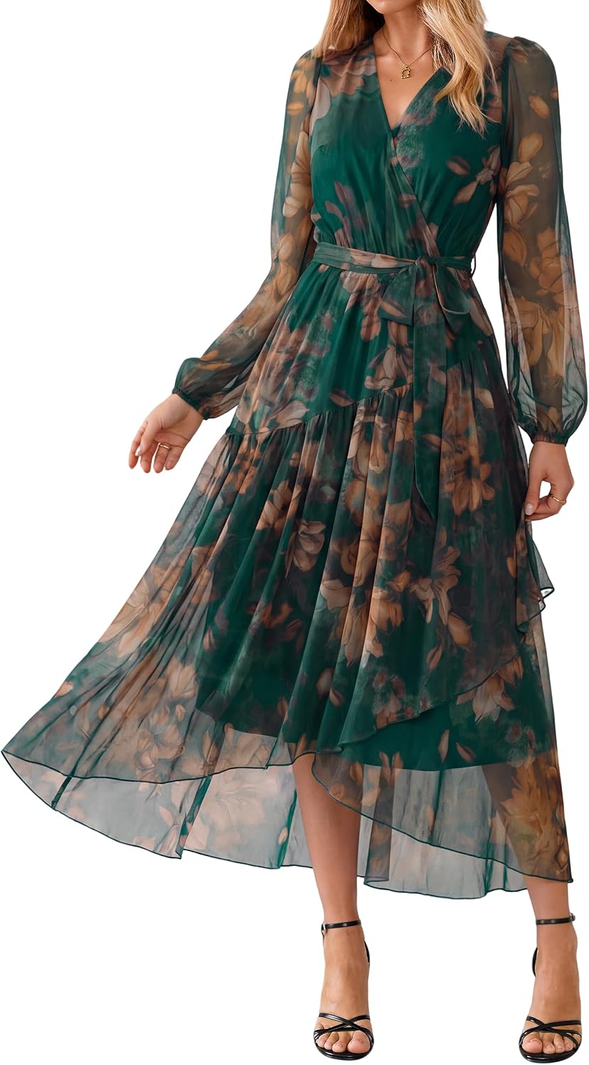 Simplee Women's Floral Long Sleeve Mesh Wedding Guest Maxi Dress | Fall V Neck Faux Wrap, Elegant Flowy A Line High Low Hem, Sheer Sleeve, Formal Tea Party Midi Dress