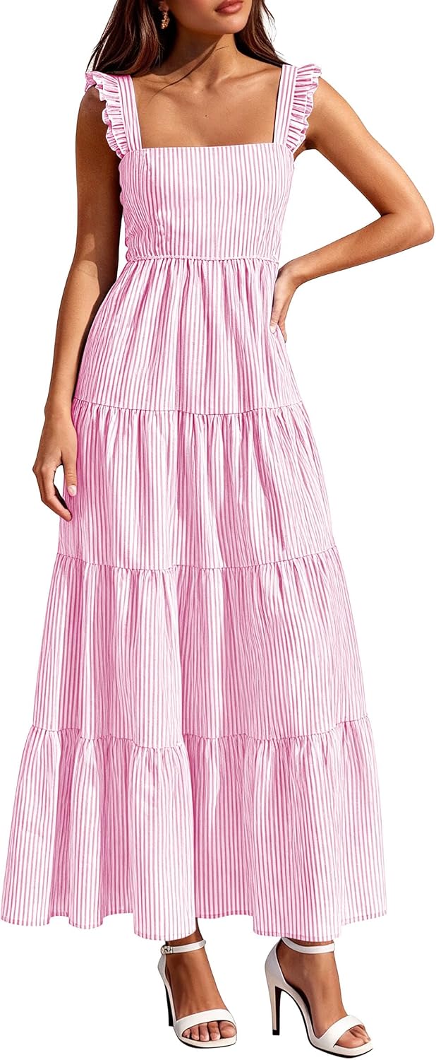 PRETTYGARDEN Women's Summer Striped Maxi Sun Dresses | Sleeveless Square Neck, Flowy Long, Back Smocked, Fit and Flare, Tiered A Line, Pockets, Casual Boho, Beach Vacation Clothes