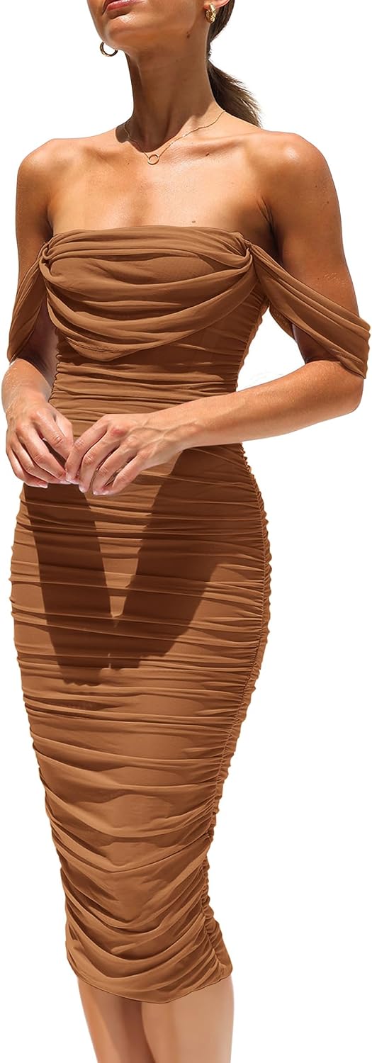 PRETTYGARDEN Women's Off Shoulder Bodycon Tube Midi Dress | Stretchy Ruched Mesh, Draped Sleeves, Elegant Dinner Party Dresses, Spring Summer Outfits for Wedding, Homecoming, Date Night