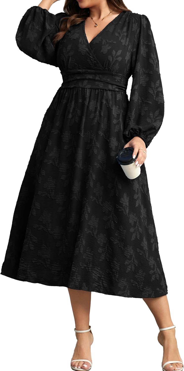 RWJ Women's Plus Size Fall Wedding Guest Dress V Neck Swiss Dot Long Sleeve | Semi Formal, Business Casual, Daily, Cocktail Party, Graduation, Homecoming, Evening, Date, Special Event, Funeral, Festive