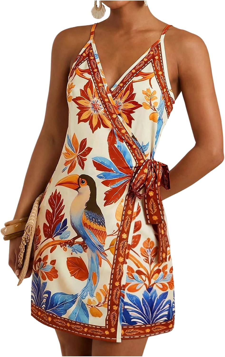 RoseSeek Women's Tropical Print Wrap Dress Sleeveless Vacation Dresses | Short Summer Dresses, Beach Vacation Outfits, Tropical Print Cami Dress, V Neck Dress