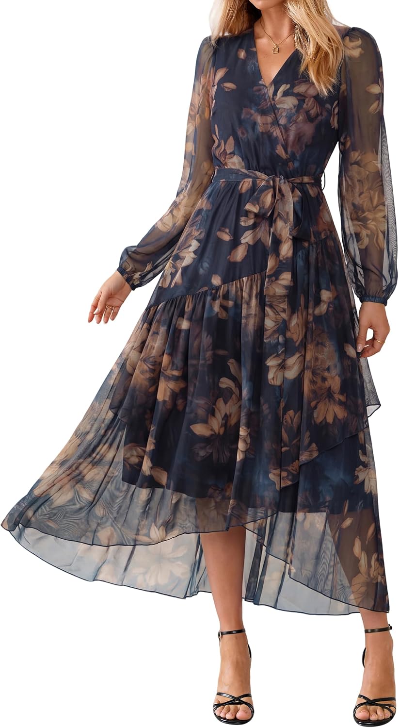 Simplee Women's Floral Long Sleeve Mesh Wedding Guest Maxi Dress | Fall V Neck Faux Wrap, Elegant Flowy A Line High Low Hem, Sheer Sleeve, Formal Tea Party Midi Dress