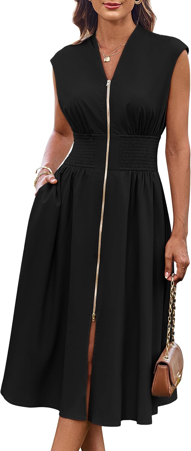GRACE KARIN Womens Casual Dress, Business Office Work Homecoming Dresses | 2026, Cap Sleeve, Zipper Front, V Neck, Professional, Knee Length, Sleeveless, Flowy, Midi, Fall, Formal, Wedding, Hoco