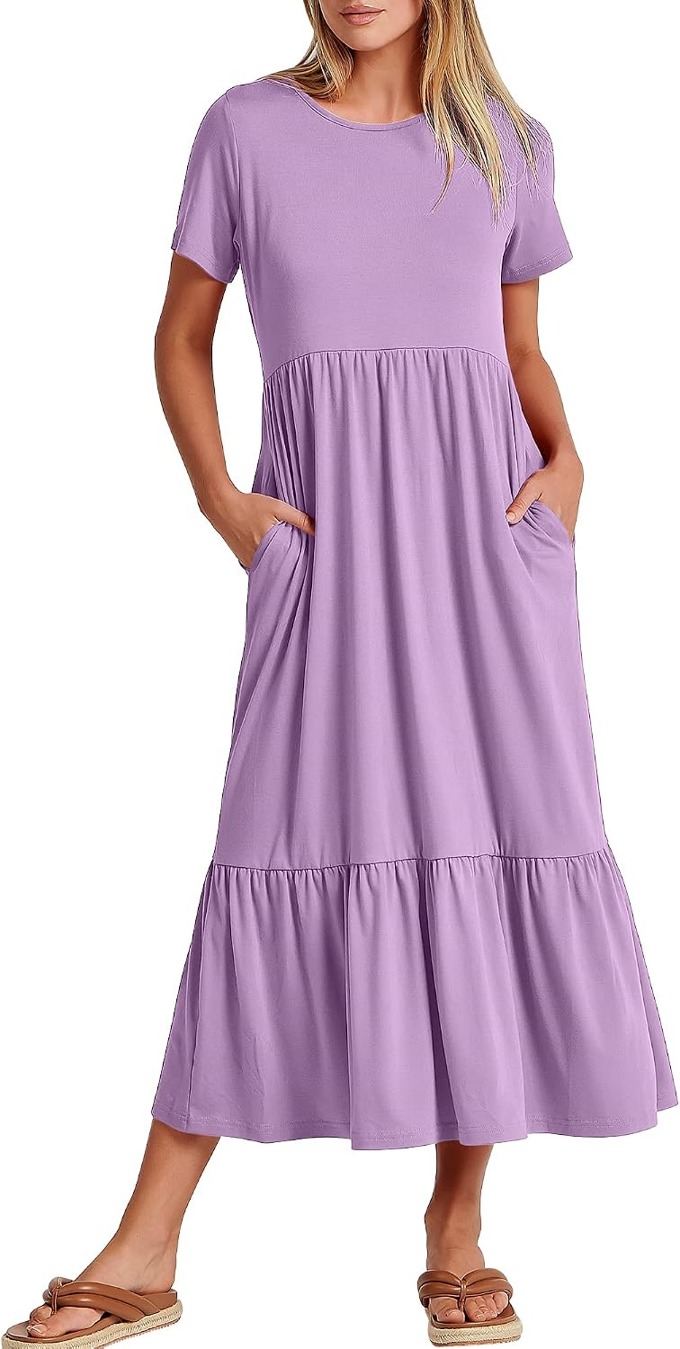 ANRABESS Womens 2026 Summer Casual Short Sleeve Maxi Dress with Pockets | A-Line Tiered Flowy Crewneck T Shirt Dresses，Comfy Modest Long Dress，Beach Travel Vacation Sundress，Work Teacher Outfits