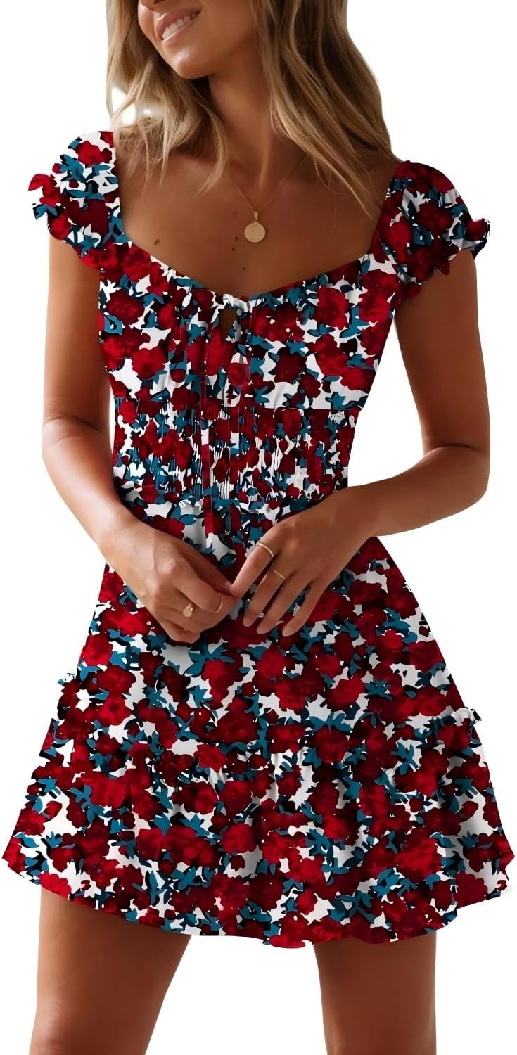 YOBECHO Women Summer Sundress Cap Sleeve Sweetheart Neck Print Mini Dress | Sundresses, Smocked Waist, Boho Floral, Flowy Ruffle Hem, Beach, Country Concert, Date Night