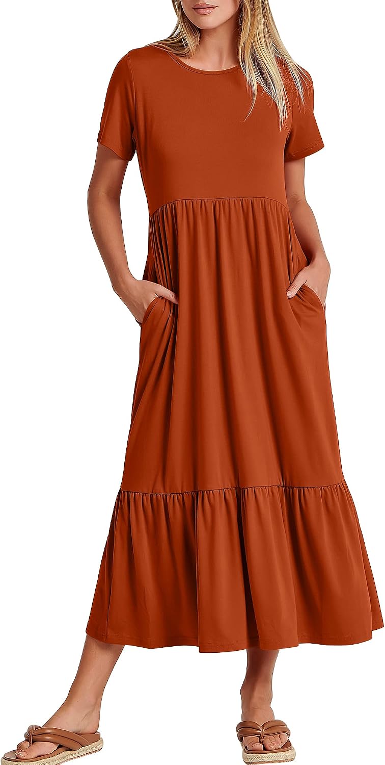 ANRABESS Womens 2026 Summer Casual Short Sleeve Maxi Dress with Pockets | A-Line Tiered Flowy Crewneck T Shirt Dresses，Comfy Modest Long Dress，Beach Travel Vacation Sundress，Work Teacher Outfits
