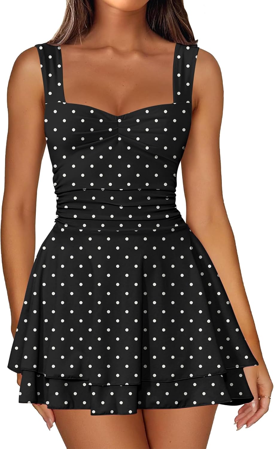 IWD Women's Square Neck Sleeveless Mini Dress Corset A Line Short Dresses | Ruched Waist Flowy Tiered Ruffle Hem Party Dresses