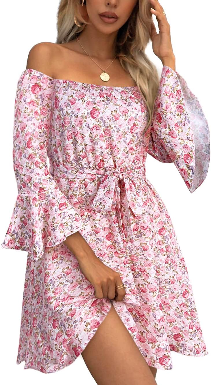 JECEIKA Fall Dress for Women, Off Shoulder Spring Dress for Wedding Guest | Ruffle Long Sleeves Fitted Bust Midi Dress,with Belt,for Mother's Day,Thanksgiving,Wedding Guest,Graduation,Valentine's Day