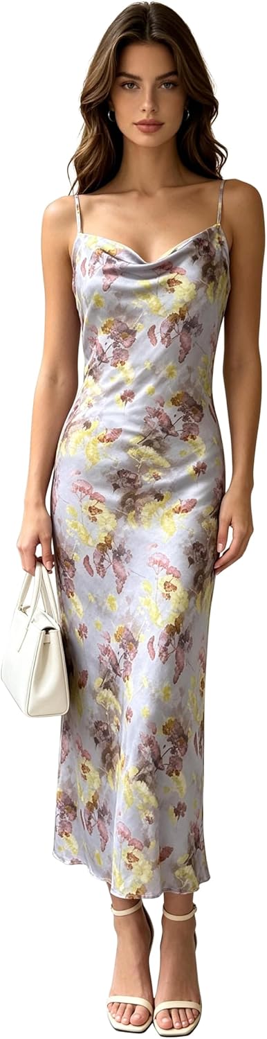 Women's Spaghetti Strap Midi Satin Silk Dresses Slip Cowl Neck Party Cocktail Evening Sexy Dress