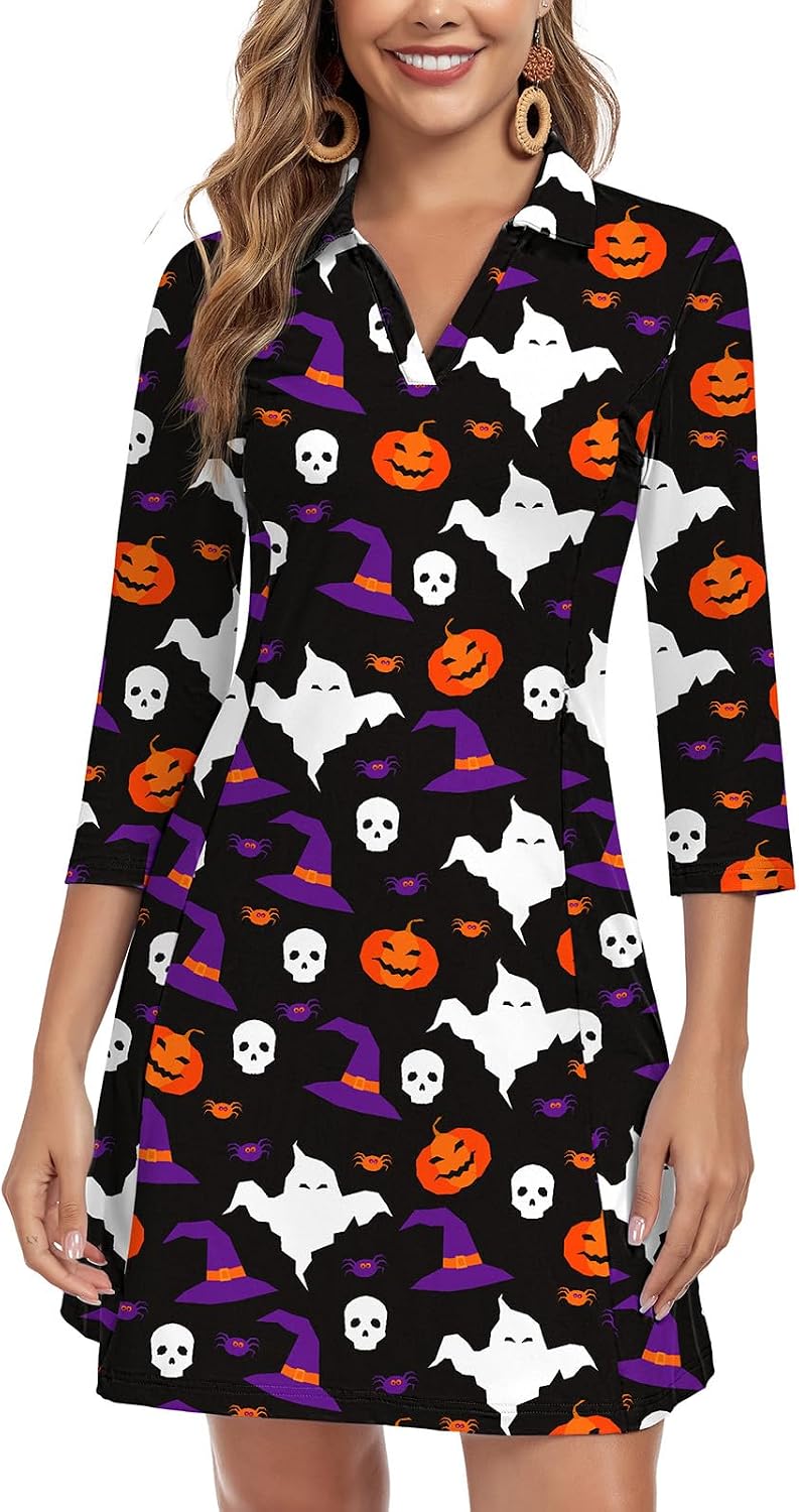 WOWENY 3\/4 Sleeve Dress for Women with Pockets V Neck UPF 50+ Casual Sun Dress Breathable Quick Dry Beach Vacation