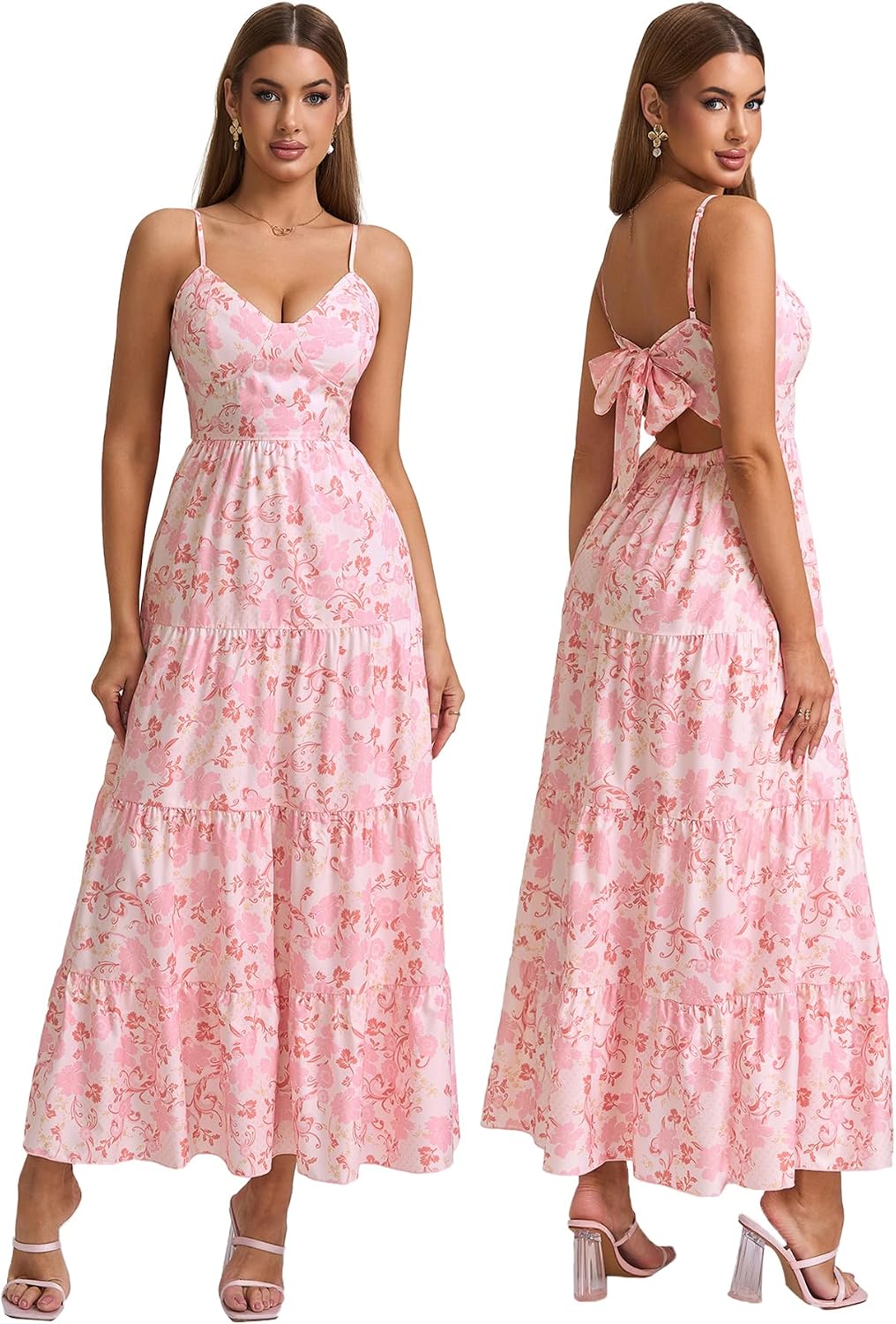 HTZMO Women Summer Floral Maxi Sundress Boho Beach Long Dress | Wedding Guest Bridal baby Shower Vacation Party Dresses 2026, Bow Tie A Line Flowy V Neck Spaghetti Strap