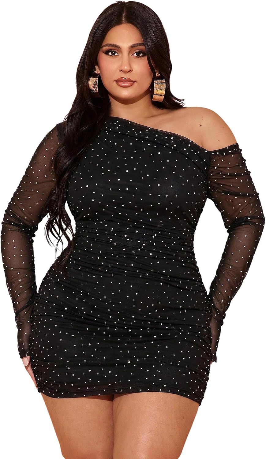 Floerns Women's Plus Size Off The Shoulder Mesh Long Sleeve Mini Dresses | Off The Shoulder, Sheer Mesh, Bodycon, Club, Going Out Dresses, Birthday Party Fall Outfits
