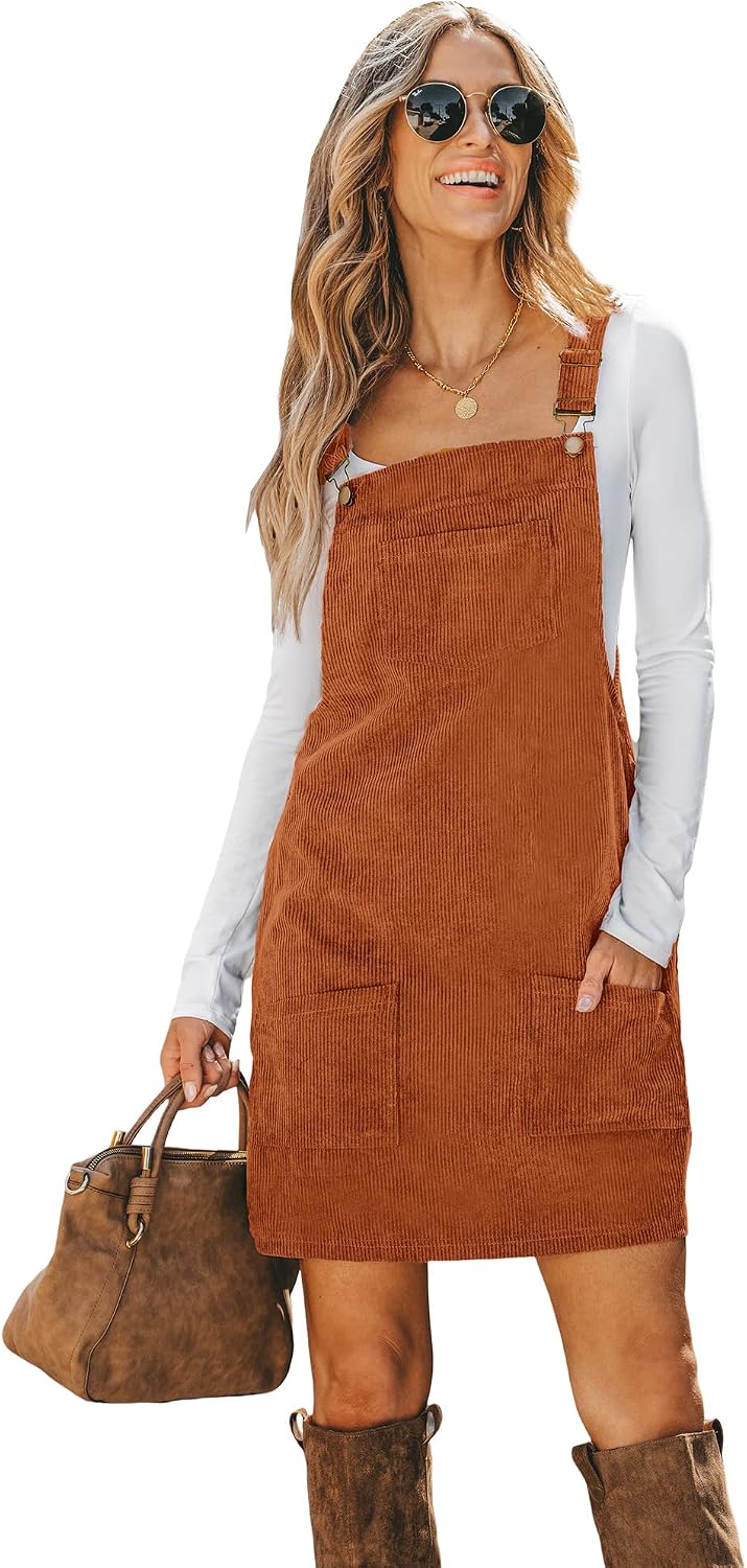 CUPSHE Women Corduroy Square Neck Wide Strap Fall Overall Mini Dress | Velvety Ribbed Texture, Front Bib Pocket, Utility Patch Pouches, High-Looped Buckle Fasteners, Casual Warm Autumn Outfits