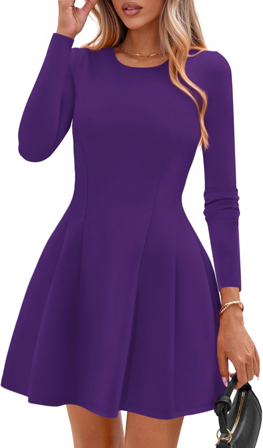 PRETTYGARDEN Womens Long Sleeve Pleated Mini Dress | Soft Knit Fabric, A Line Babydoll Fit, Crewneck Short Dresses, Casual Party Date Night Outfits, Fall Winter Trendy Clothes
