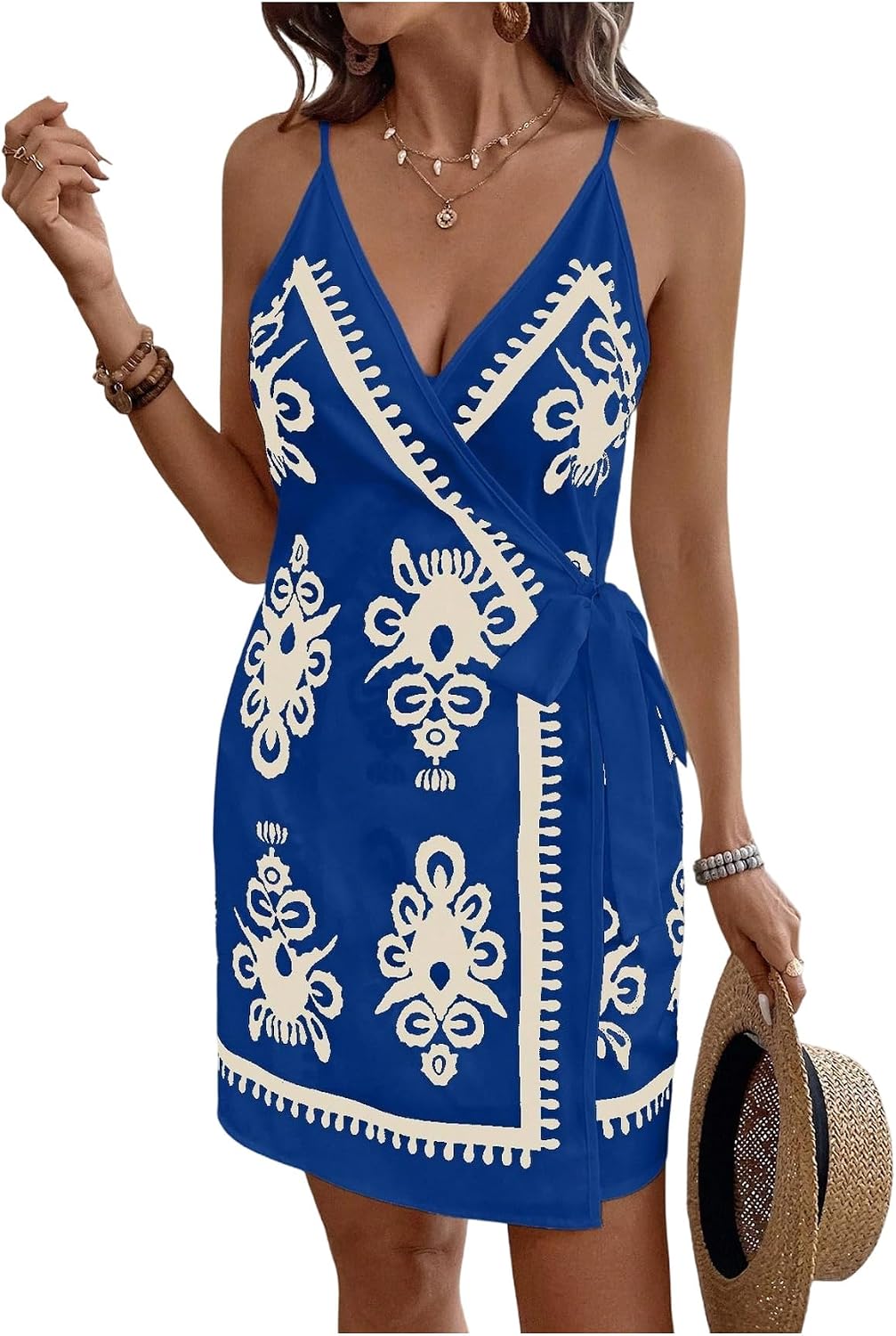 RoseSeek Women's Tropical Print Wrap Dress Sleeveless Vacation Dresses | Short Summer Dresses, Beach Vacation Outfits, Tropical Print Cami Dress, V Neck Dress