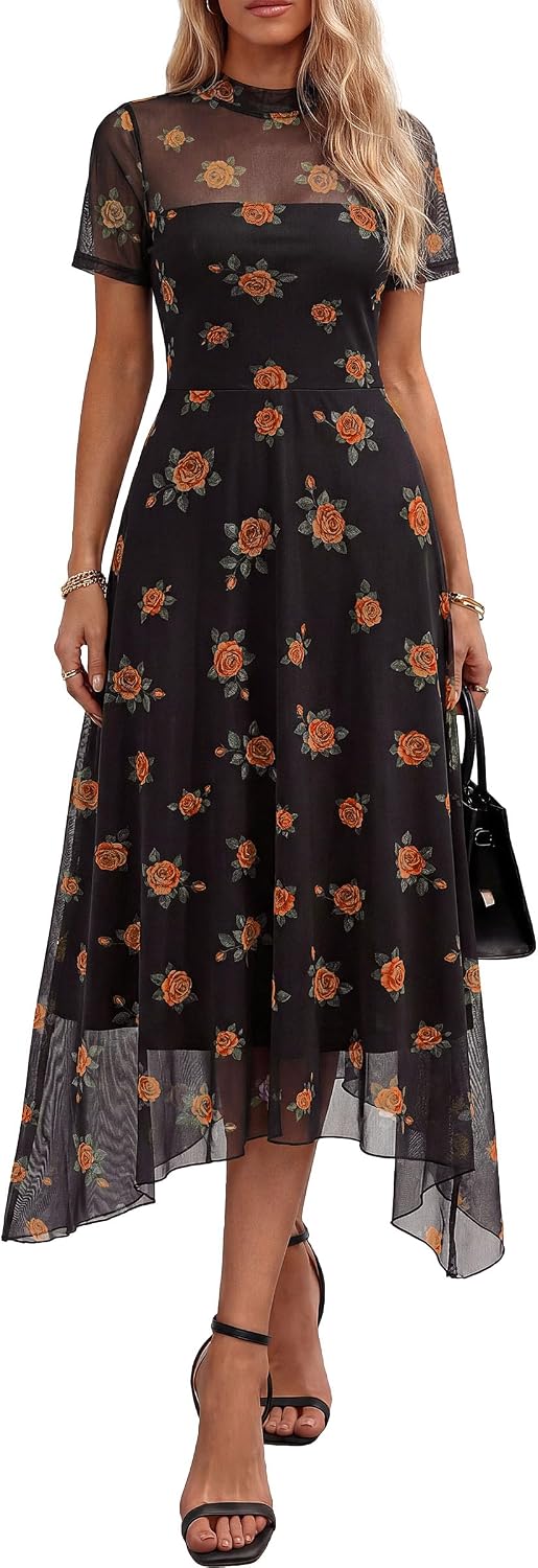 PRETTYGARDEN Women's Floral Mesh Midi Dress | Summer Wedding Guest Dresses,Short Sleeve Mock Neck A-Line,Semi-Sheer Overlay,Fit & Flare,Cocktail Party,Date Night Outfits