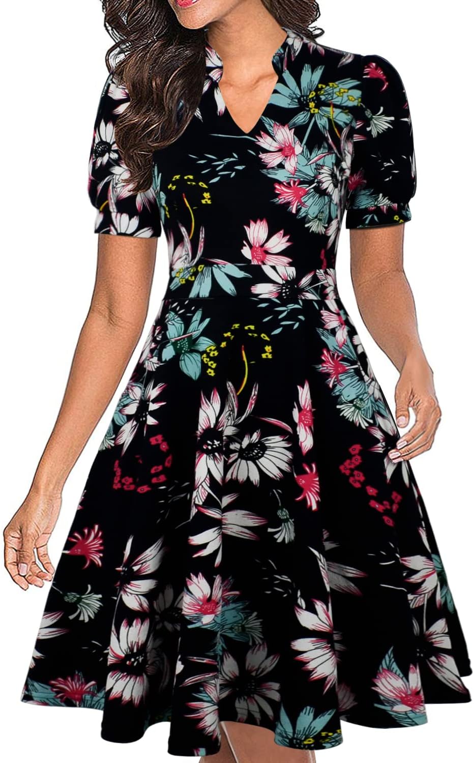 Mokayee Womens Summer Short Puff Sleeve Casual Semi-Formal Fit and Flare Church Wedding Guest Work Dresses with Pockets