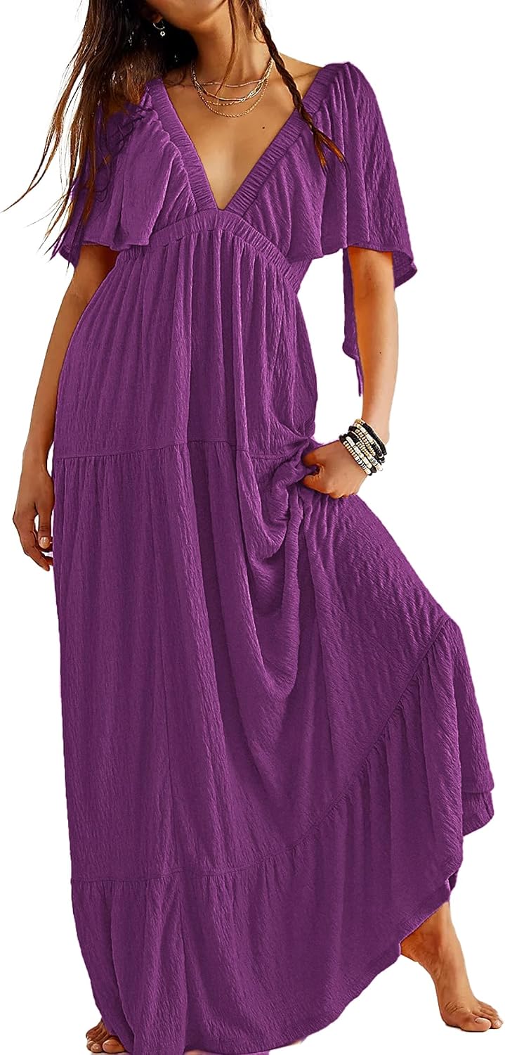 Kikibell Women Summer Dresses Sexy V-Neck Maxi Dress Tiered Silhouette with Flutter Sleeve Backless Elastic Waist Flowy Dress