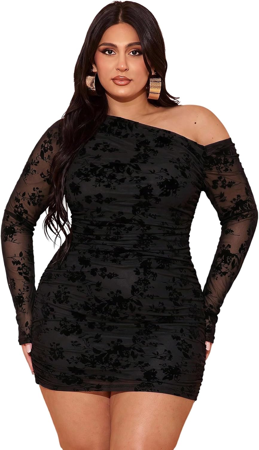 Floerns Women's Plus Size Off The Shoulder Mesh Long Sleeve Mini Dresses | Off The Shoulder, Sheer Mesh, Bodycon, Club, Going Out Dresses, Birthday Party Fall Outfits