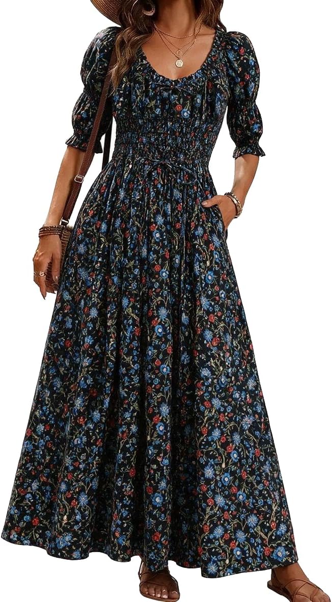 LEYRASON Women's Boho Floral Puff Sleeve Maxi Dress with Pockets | Scoop Neck Short Sleeve, A Line, Smocked Tie Long Flowy Dresses, Beach Vacation, Wedding Guest, Spring Summer Fall Outfits