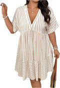 SOLY HUX Women's Plus Size Summer Striped Half Sleeve Ruffle Babydoll Dress | Deep V Neck, Flowy, Vacation, Beach Dress