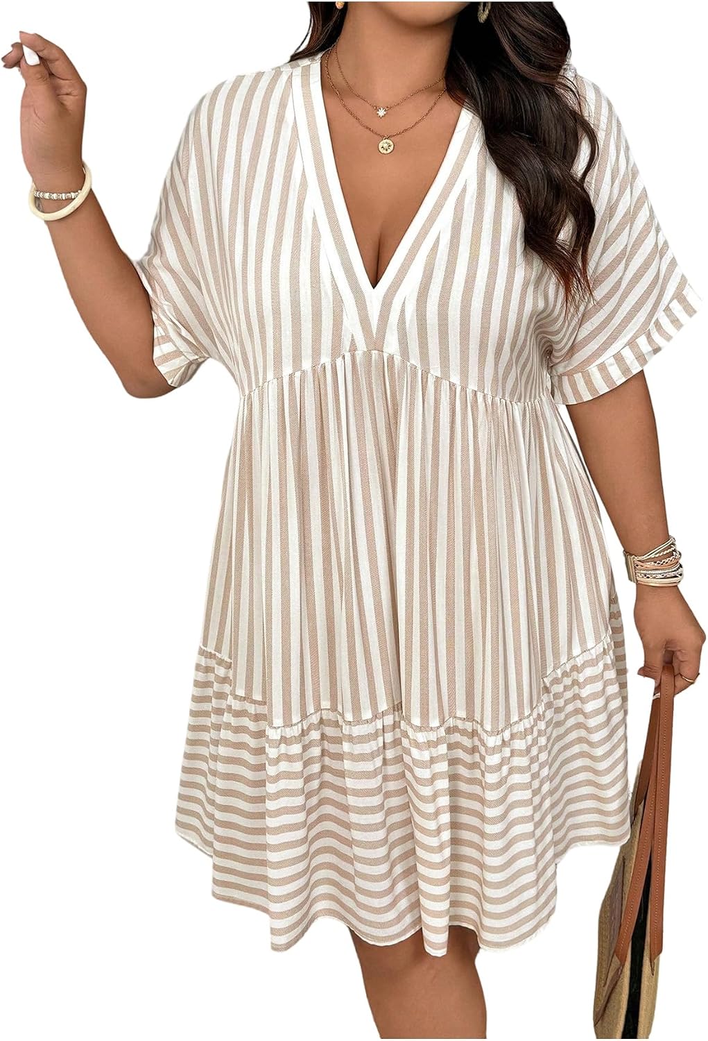 SOLY HUX Women's Plus Size Summer Striped Half Sleeve Ruffle Babydoll Dress | Deep V Neck, Flowy, Vacation, Beach Dress
