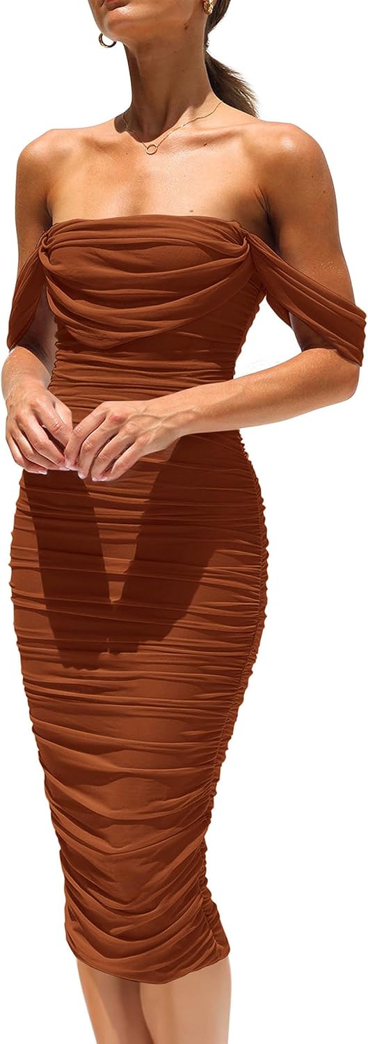 PRETTYGARDEN Women's Off Shoulder Bodycon Tube Midi Dress | Stretchy Ruched Mesh, Draped Sleeves, Elegant Dinner Party Dresses, Spring Summer Outfits for Wedding, Homecoming, Date Night
