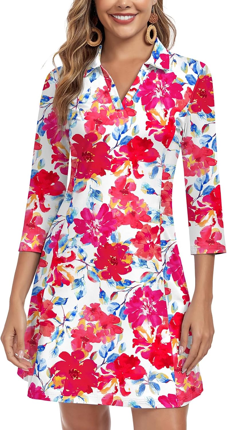 WOWENY 3\/4 Sleeve Dress for Women with Pockets V Neck UPF 50+ Casual Sun Dress Breathable Quick Dry Beach Vacation