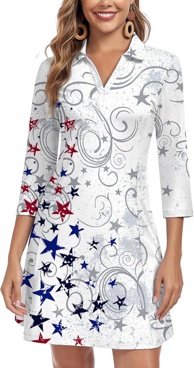 WOWENY 3\/4 Sleeve Dress for Women with Pockets V Neck UPF 50+ Casual Sun Dress Breathable Quick Dry Beach Vacation