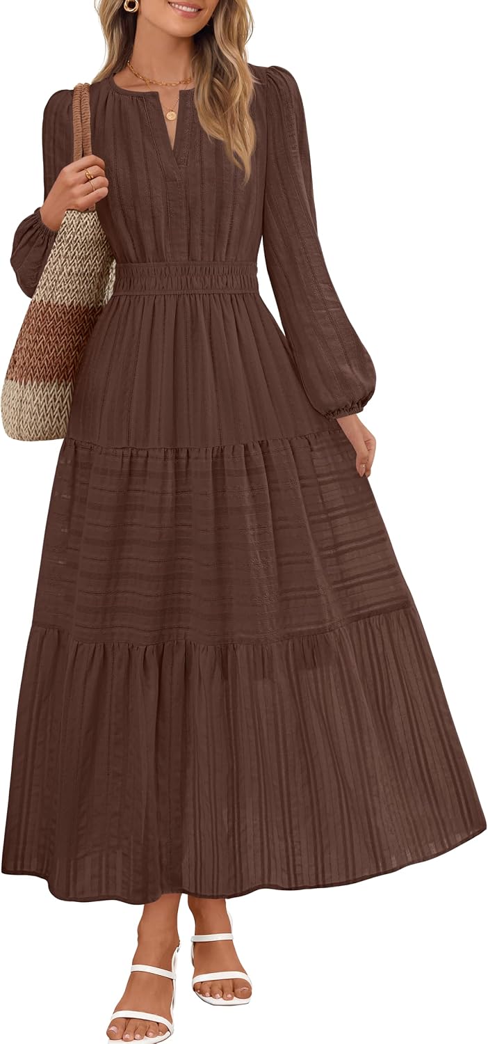 MEROKEETY Womens Fall Puff Long Sleeve Casual V Neck Modest Midi Maxi Dress | 2026, Cotton, with Pockets, Eyelets, Shirred Waist, Tiered, Lined, Winter, Boho, Relaxed Fit, Church, Elegant, Bridal Shower