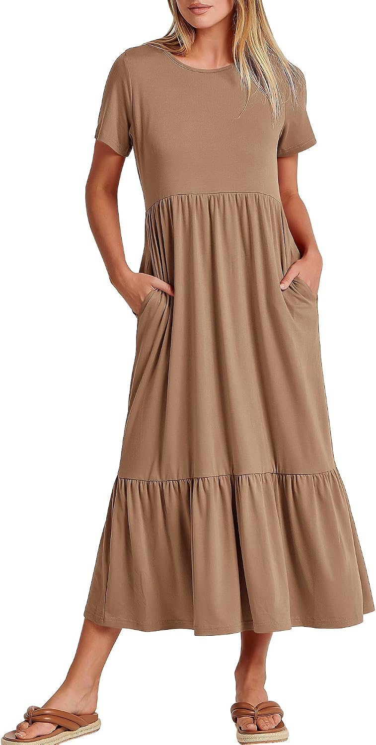 ANRABESS Womens 2026 Summer Casual Short Sleeve Maxi Dress with Pockets | A-Line Tiered Flowy Crewneck T Shirt Dresses，Comfy Modest Long Dress，Beach Travel Vacation Sundress，Work Teacher Outfits