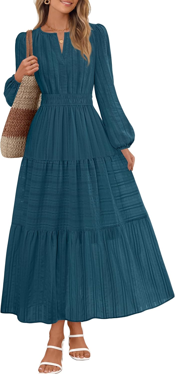 MEROKEETY Womens Fall Puff Long Sleeve Casual V Neck Modest Midi Maxi Dress | 2026, Cotton, with Pockets, Eyelets, Shirred Waist, Tiered, Lined, Winter, Boho, Relaxed Fit, Church, Elegant, Bridal Shower