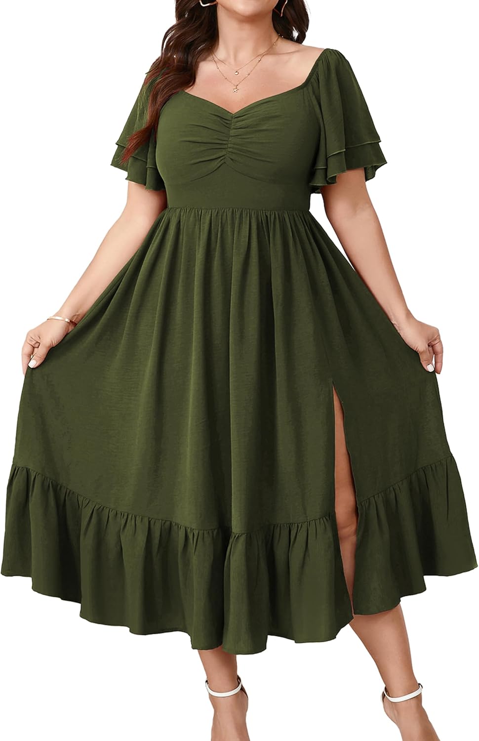 SCOMCHIC Womens Plus Size Wedding Guest Cocktail Dresses | Sweetheart Neckline, Short Sleeve, Smocked, Ruffle Slit, Party, Formal, Summer, Long, Maxi Dress