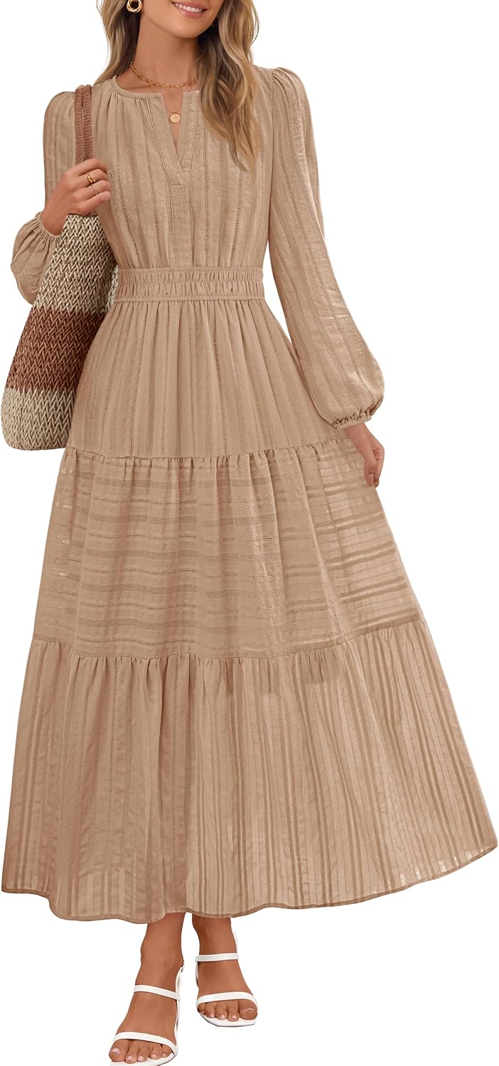MEROKEETY Womens Fall Puff Long Sleeve Casual V Neck Modest Midi Maxi Dress | 2026, Cotton, with Pockets, Eyelets, Shirred Waist, Tiered, Lined, Winter, Boho, Relaxed Fit, Church, Elegant, Bridal Shower