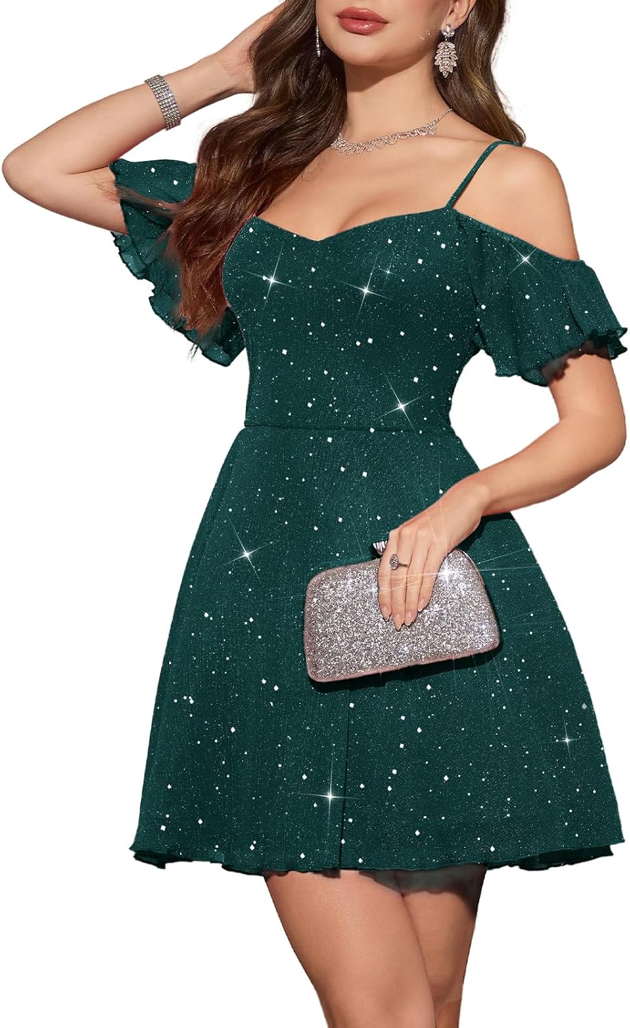 Meetjen Women's Sparkly Formal Cocktail A Line Short Homecoming Dress Teen | Off Shoulder, Tulle Sequin Prom Dresses, Spaghetti Strap, Wedding Guest, Junior Bridesmaid, Elegant Fancy Mini Party Dress