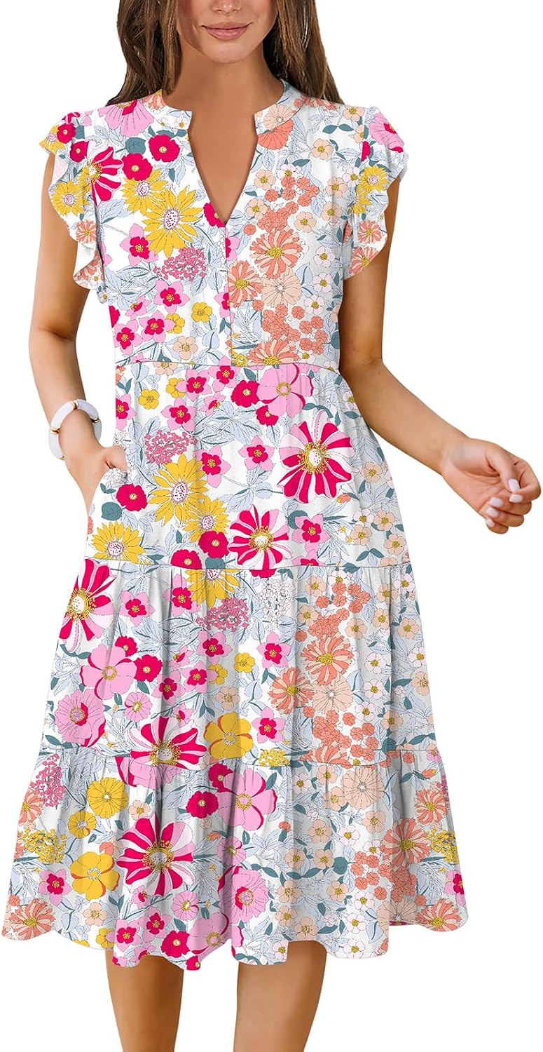 ANRABESS Womens Summer Dress Ruffle Sleeve V Neck Midi Dresses | Flowy Tiered Boho Beach Sundress, Casual Fit Knee Length, Fashion Vacation Work Outfits 2026