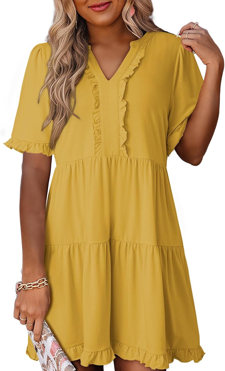 Dokotoo Womens A Line Babydoll Casual Summer Dresses with Pockets | Short Sleeve, V Neck, Hide Tummy, Cute Flowy Western Dress, Mini Short Casual Dress for Graduation Party Date Night Teacher