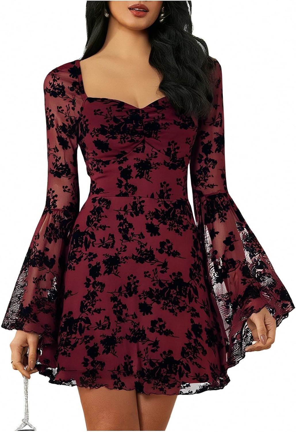 WDIRARA Women's Floral Jacquard Gothic Bell Long Sleeve Dress | Mesh , A Line, Vintage