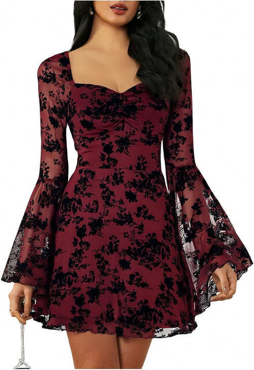Floral Long-Sleeve A-Line Dress in Burgundy