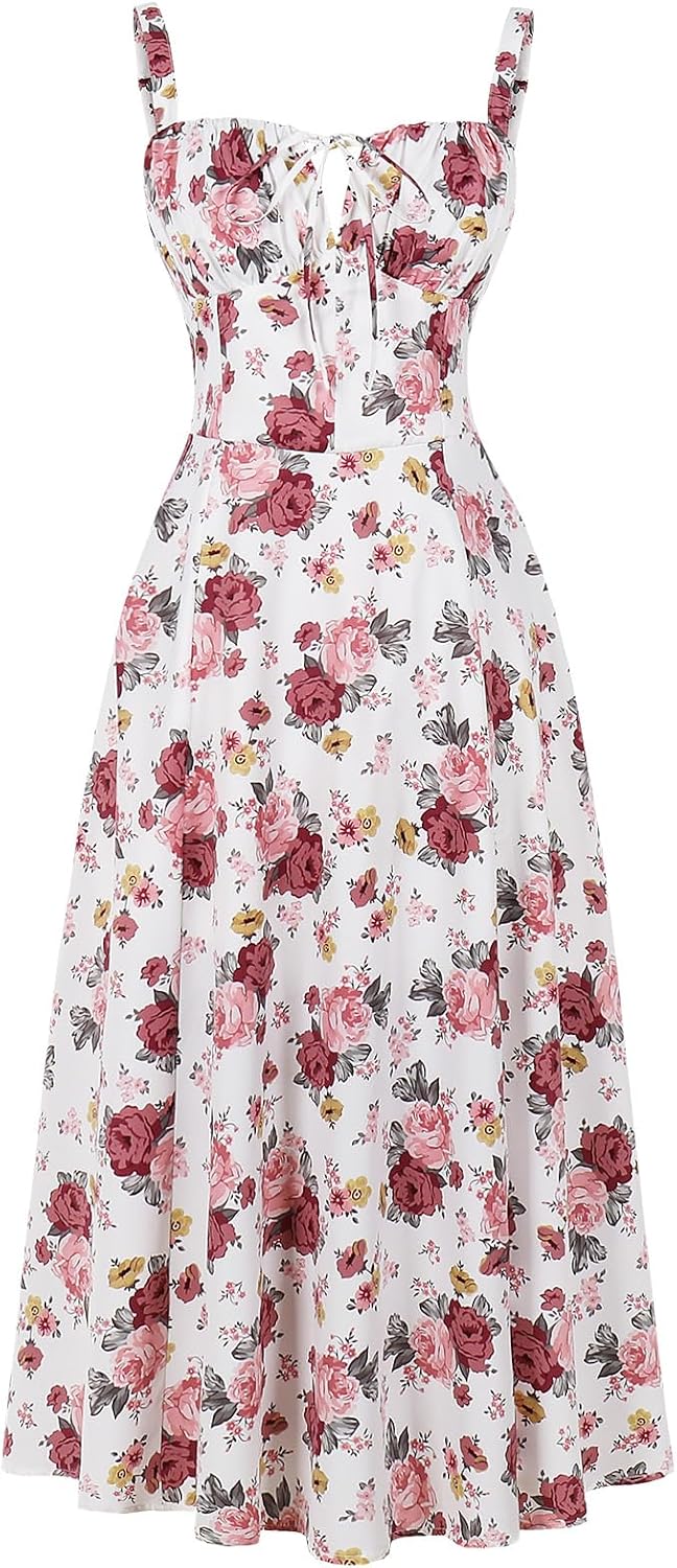 Women's Floral Corset Dress Formal Cocktail Dresses Going Out Casual Sundress Split Thigh Spaghetti Strap Vintage Dress