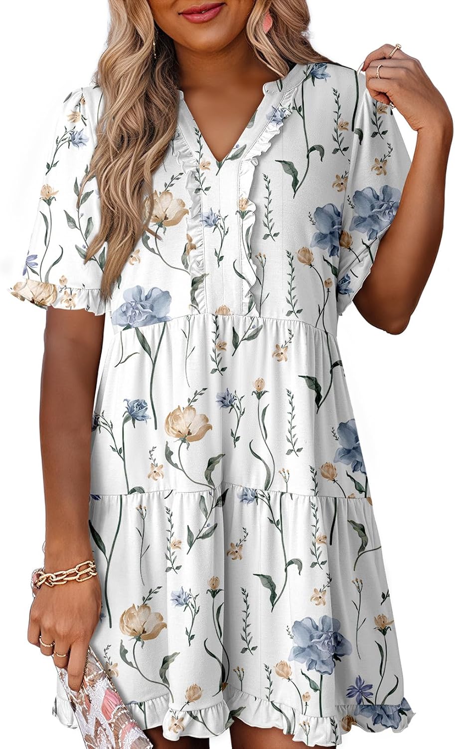 Dokotoo Womens A Line Babydoll Casual Summer Dresses with Pockets | Short Sleeve, V Neck, Hide Tummy, Cute Flowy Western Dress, Mini Short Casual Dress for Graduation Party Date Night Teacher