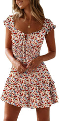 YOBECHO Women Summer Sundress Cap Sleeve Sweetheart Neck Print Mini Dress | Sundresses, Smocked Waist, Boho Floral, Flowy Ruffle Hem, Beach, Country Concert, Date Night
