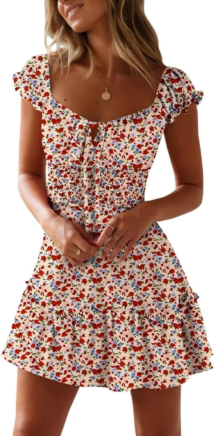 YOBECHO Women Summer Sundress Cap Sleeve Sweetheart Neck Print Mini Dress | Sundresses, Smocked Waist, Boho Floral, Flowy Ruffle Hem, Beach, Country Concert, Date Night