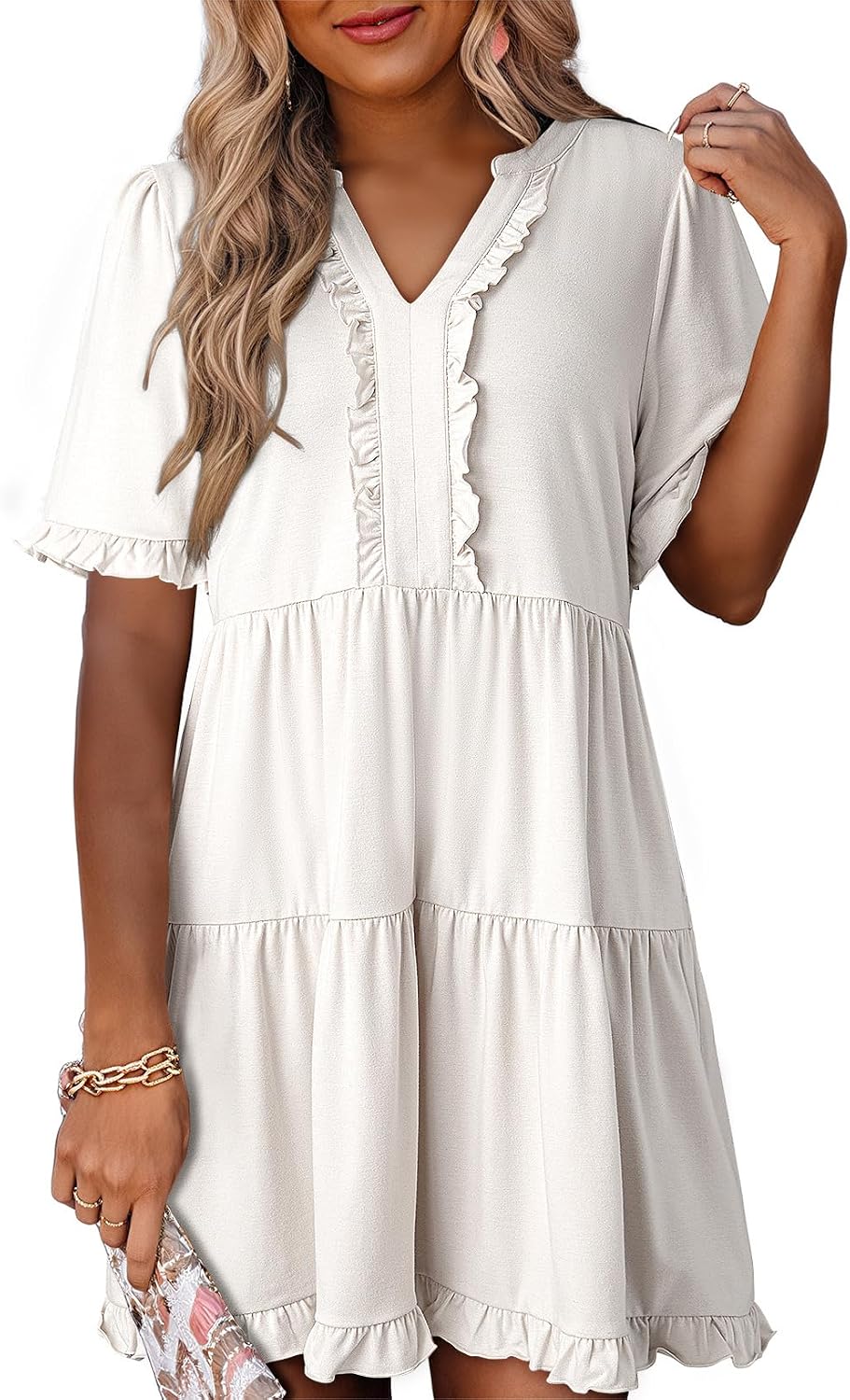 Dokotoo Womens A Line Babydoll Casual Summer Dresses with Pockets | Short Sleeve, V Neck, Hide Tummy, Cute Flowy Western Dress, Mini Short Casual Dress for Graduation Party Date Night Teacher