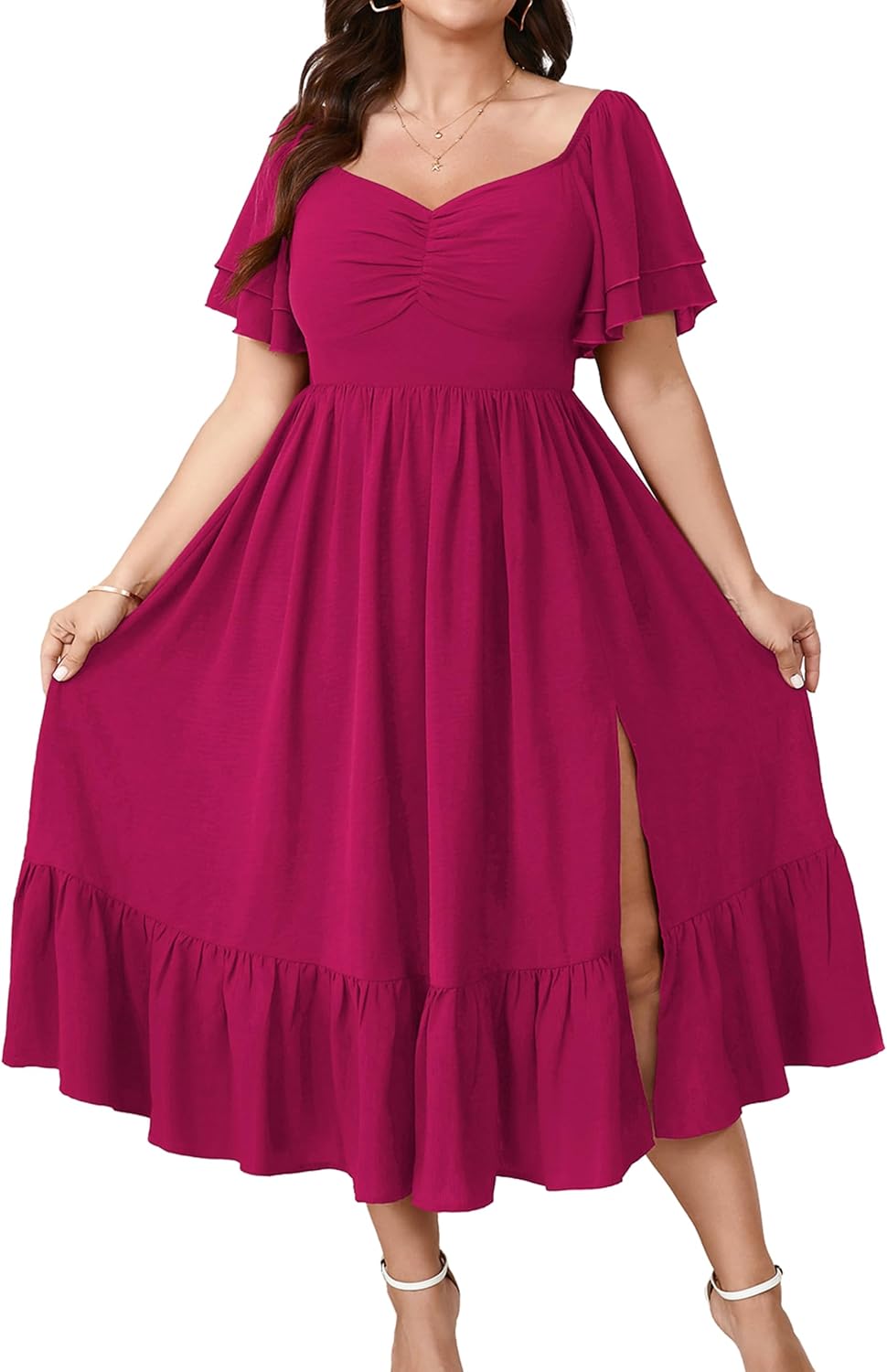 SCOMCHIC Womens Plus Size Wedding Guest Cocktail Dresses | Sweetheart Neckline, Short Sleeve, Smocked, Ruffle Slit, Party, Formal, Summer, Long, Maxi Dress