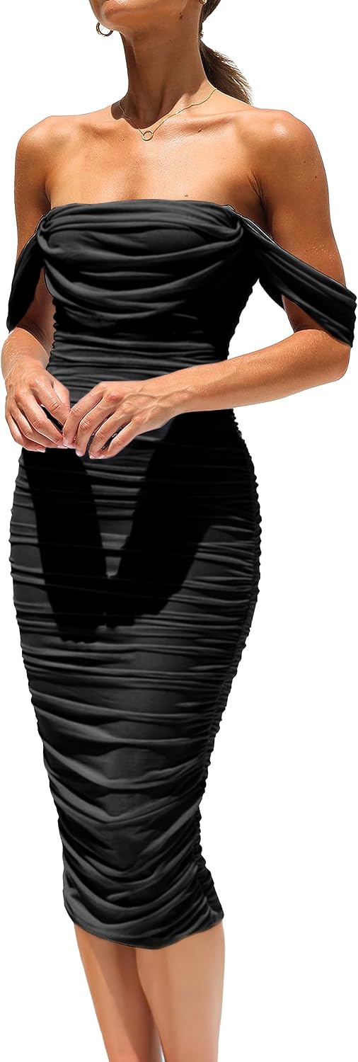PRETTYGARDEN Women's Off Shoulder Bodycon Tube Midi Dress | Stretchy Ruched Mesh, Draped Sleeves, Elegant Dinner Party Dresses, Spring Summer Outfits for Wedding, Homecoming, Date Night