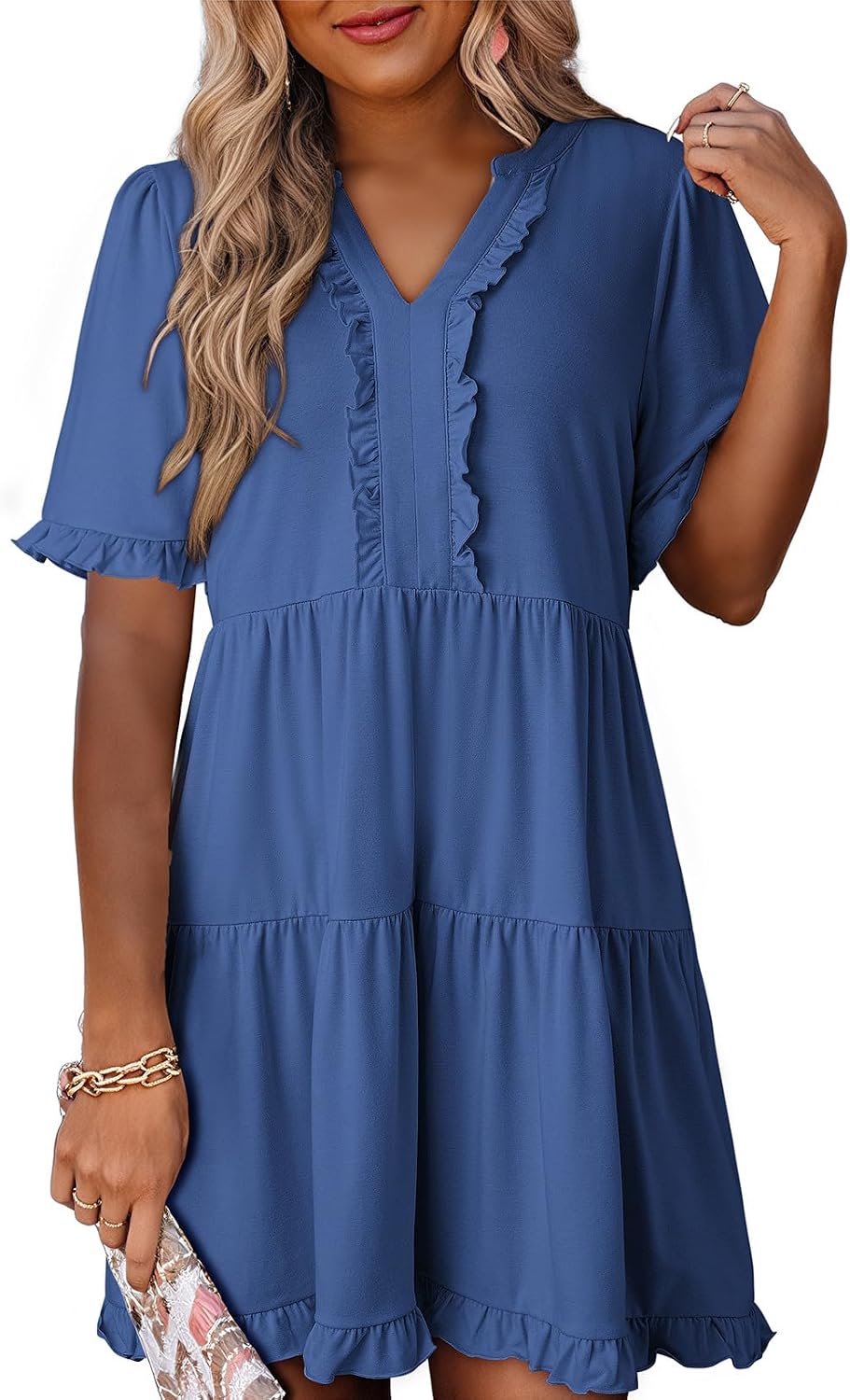 Dokotoo Womens A Line Babydoll Casual Summer Dresses with Pockets | Short Sleeve, V Neck, Hide Tummy, Cute Flowy Western Dress, Mini Short Casual Dress for Graduation Party Date Night Teacher