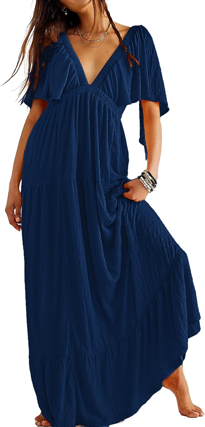 Kikibell Women Summer Dresses Sexy V-Neck Maxi Dress Tiered Silhouette with Flutter Sleeve Backless Elastic Waist Flowy Dress