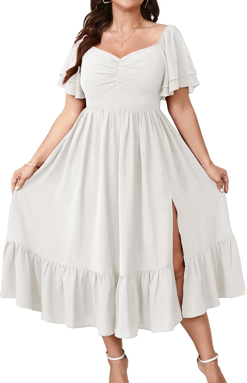 SCOMCHIC Womens Plus Size Wedding Guest Cocktail Dresses | Sweetheart Neckline, Short Sleeve, Smocked, Ruffle Slit, Party, Formal, Summer, Long, Maxi Dress